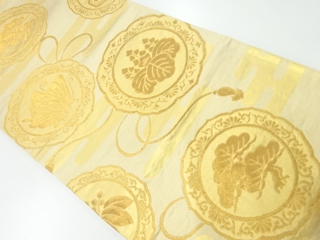 JAPANESE KIMONO / ANTIQUE FUKURO OBI / SILK / WOVEN MIRROR & PAULOWNIA & BUTTERFLY